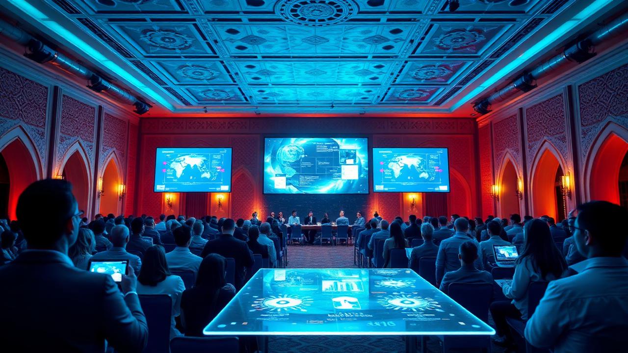 AI-powered corporate event in Morocco with smart displays and data dashboards