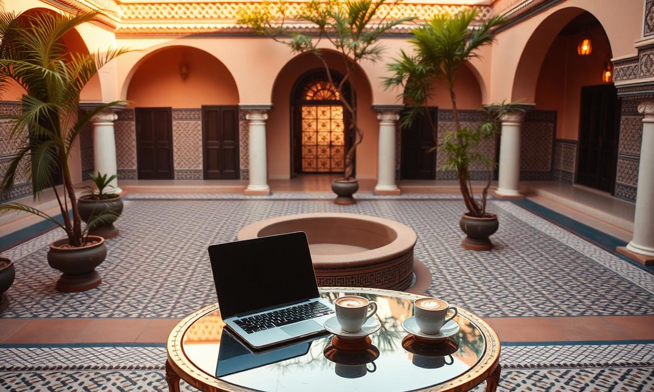 Riad courtyard with laptop and coffee in Marrakech for bleisure travel