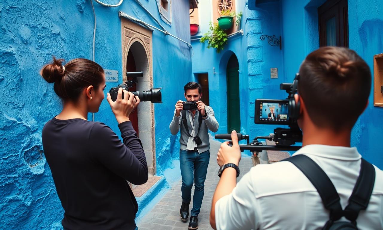 Content creators filming in the blue alleys of Chefchaouen Morocco