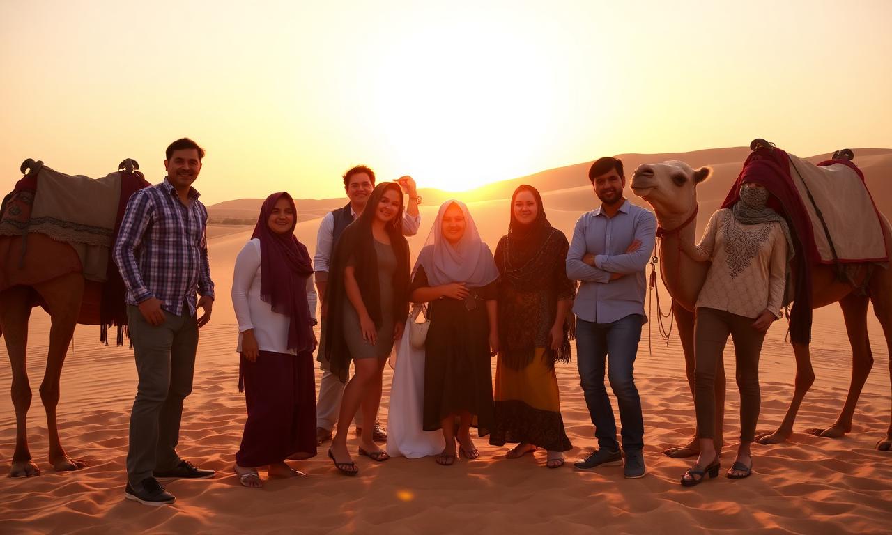 Diverse multigenerational corporate team in Sahara desert at sunset Morocco