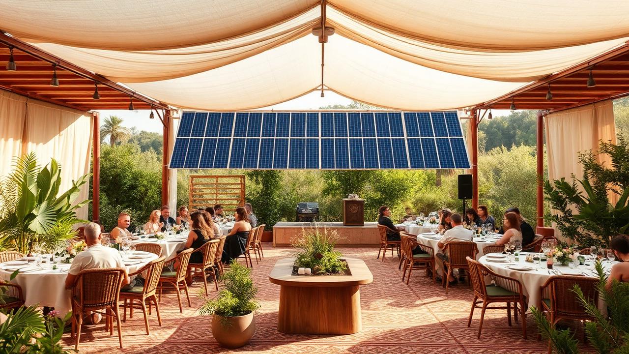 Sustainable green corporate event in Morocco with solar panels and eco-friendly setup