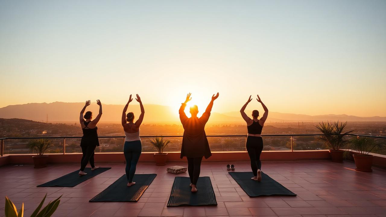 Corporate wellness retreat in Morocco with sunrise yoga on a Marrakech riad rooftop